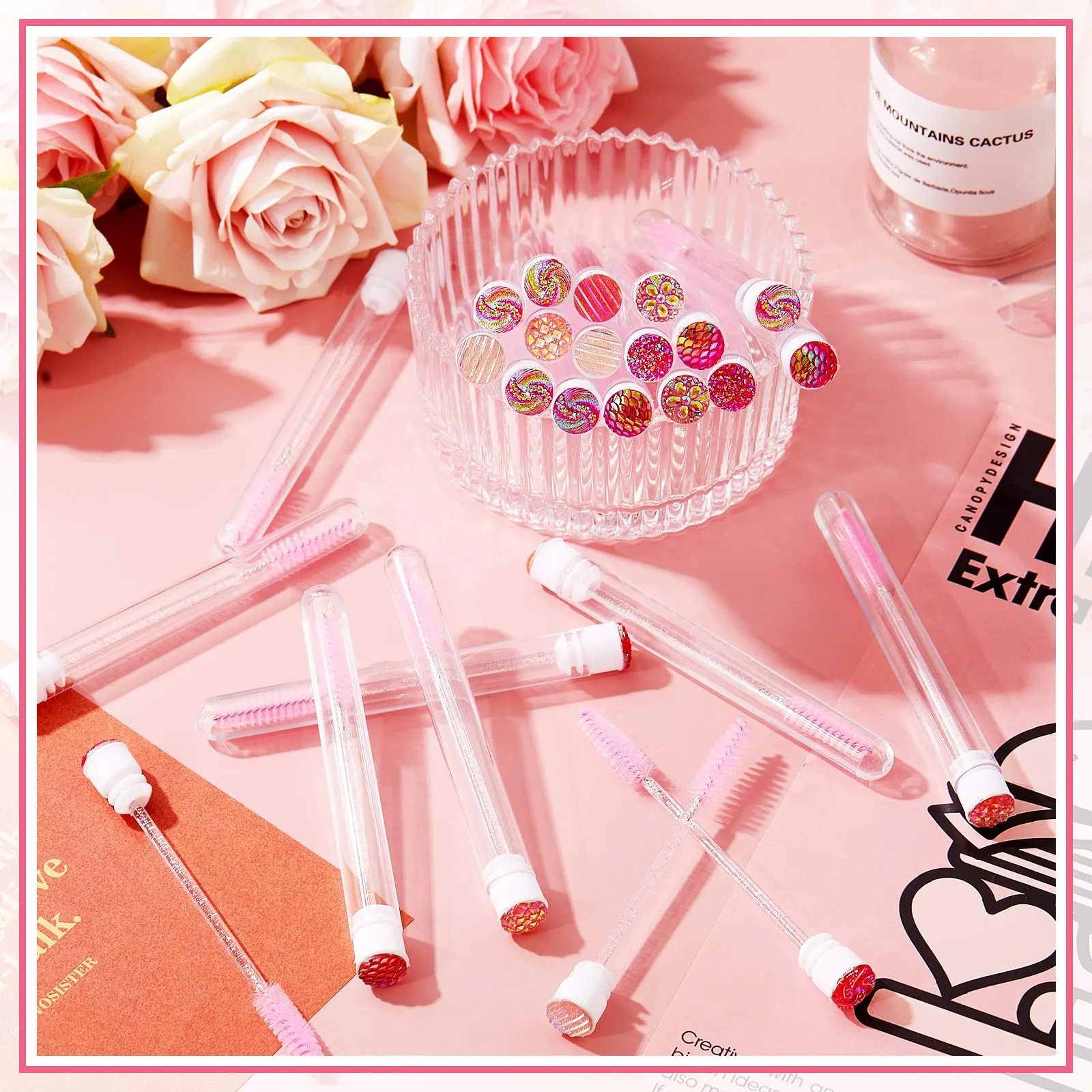 200 Pieces Mascara Wand Tube Set 100 Pcs Lash Spoolies for Eyelash Extensions 100 Pcs Diamond Empty Mascara Brush Disposable Colorful Eyebrow Applicator Makeup Tool, Mix Color (Cute)