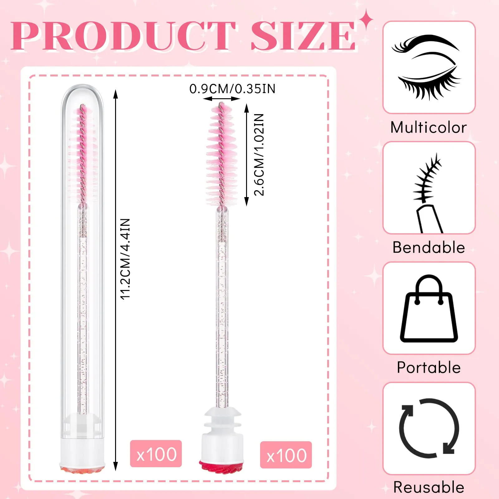 200 Pieces Mascara Wand Tube Set 100 Pcs Lash Spoolies for Eyelash Extensions 100 Pcs Diamond Empty Mascara Brush Disposable Colorful Eyebrow Applicator Makeup Tool, Mix Color (Cute)