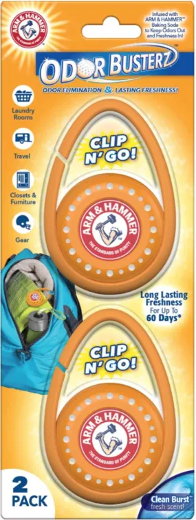 Arm & Hammer Odor Busterz Clip N' Go Air Freshener and Odor Eliminator, Orange, 2-Piece AREA