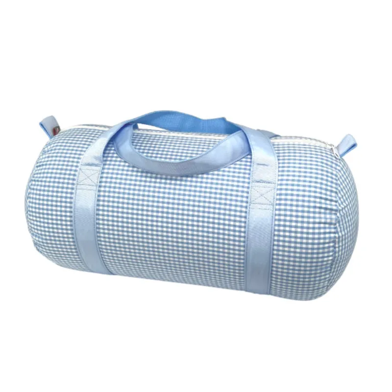 Personalized Gingham Baby Blue Duffel Bag