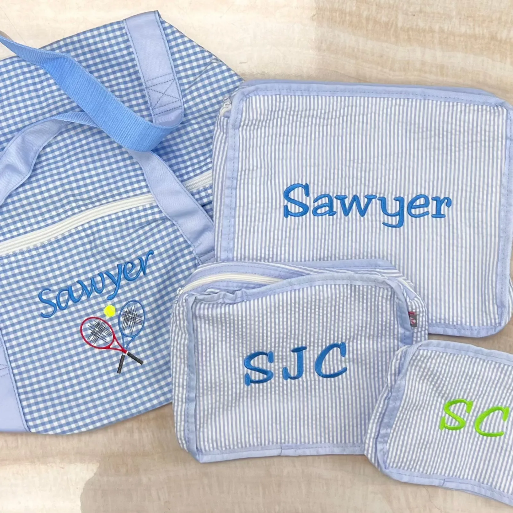 Personalized Gingham Baby Blue Duffel Bag