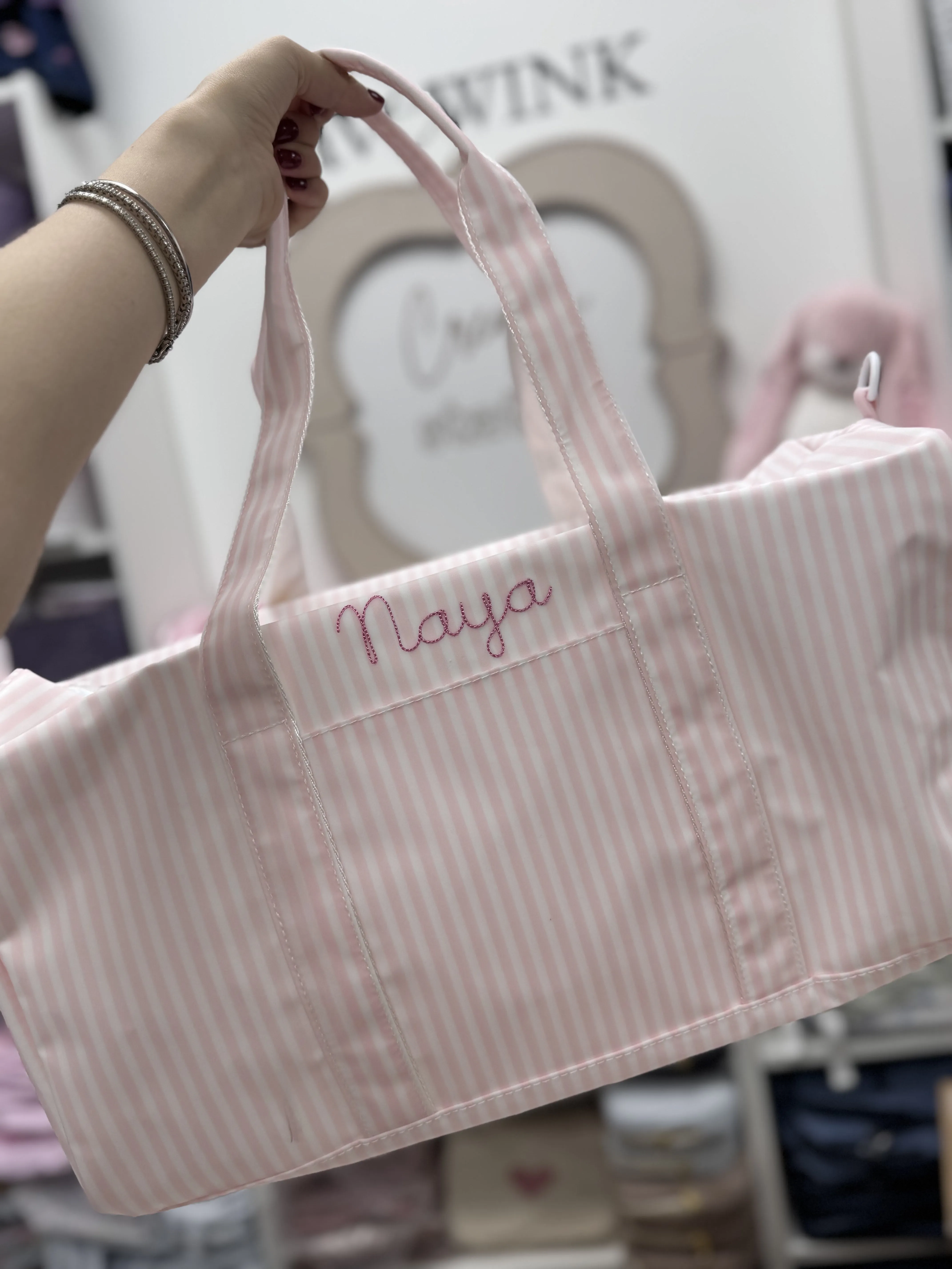 Personalized Nylon Stripe Pink Duffel Weekender