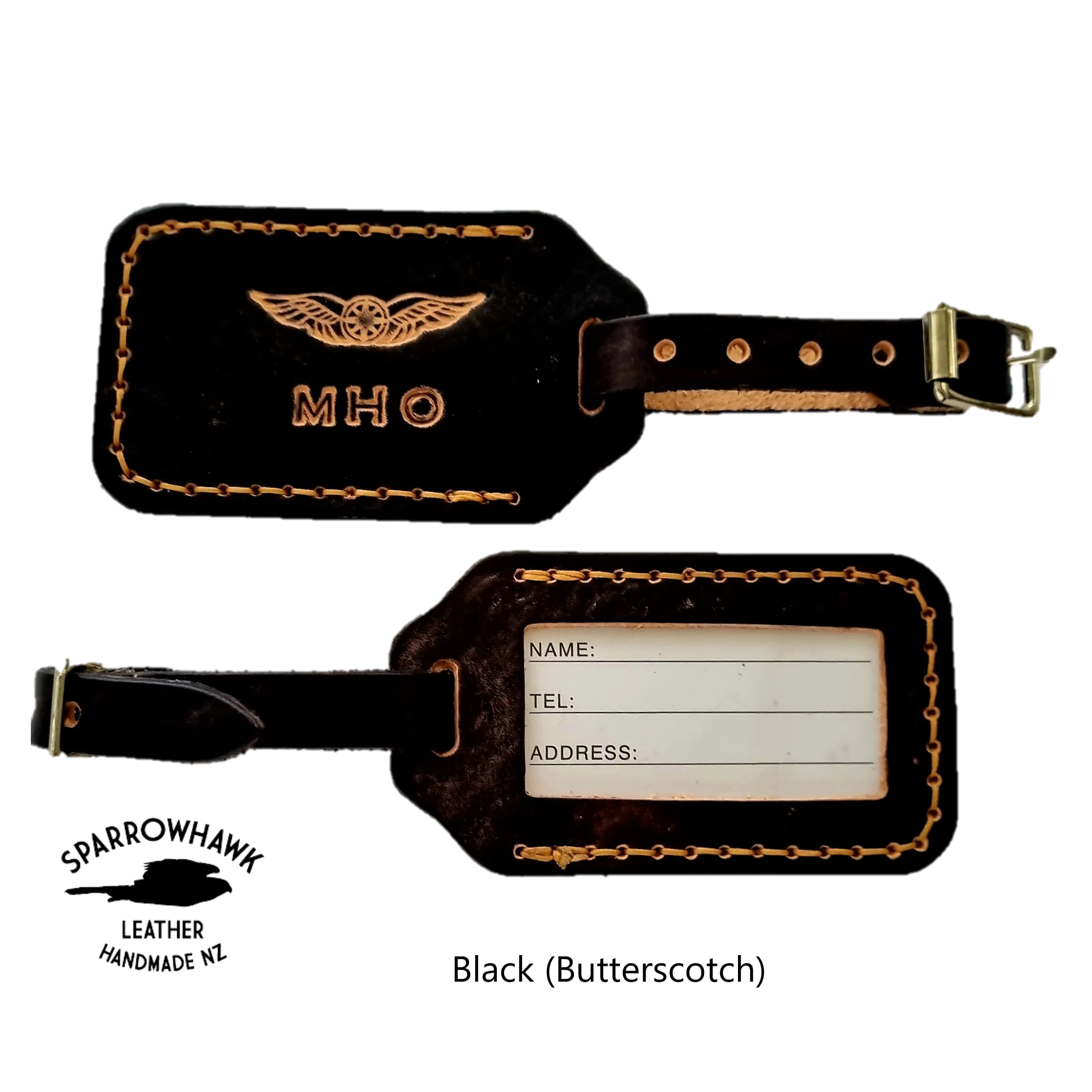 Pilots Leather Luggage Tag - Hand Dyed with Embossed Initials & Wings