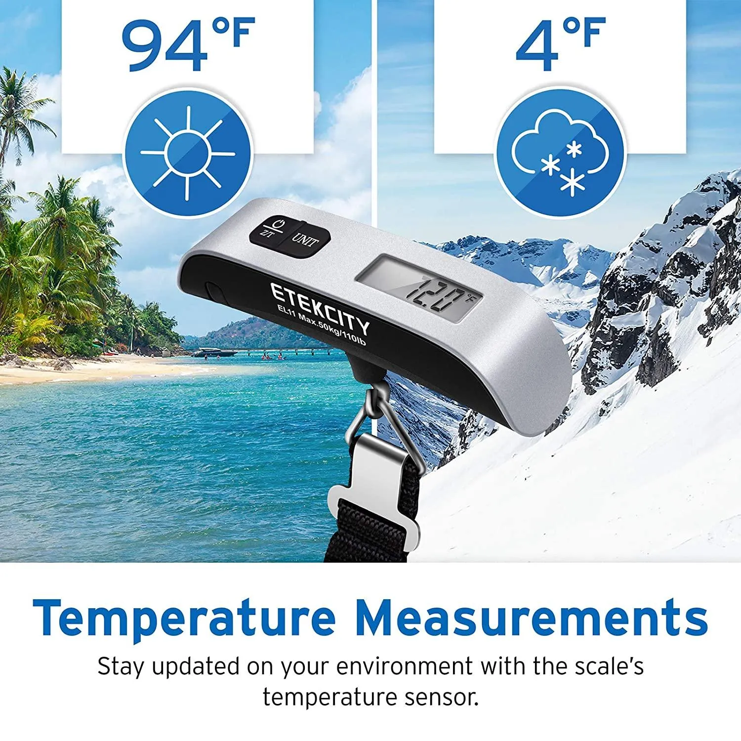 Travel with Confidence: Digital Portable Handheld Scale - Weigh Your Suitcase with Ease, Temperature Sensor Included, Up to 110 Pounds Capacity, Battery Included!