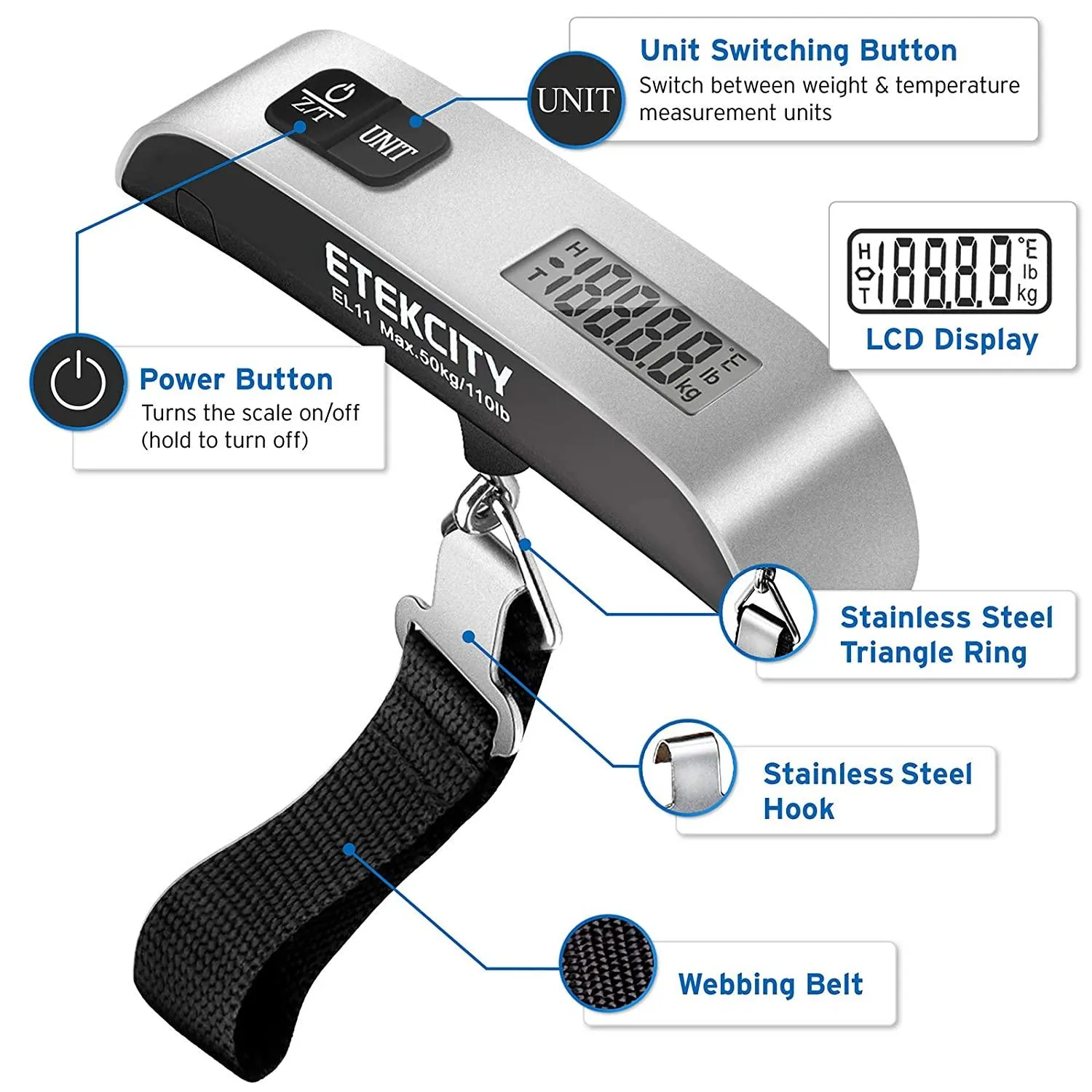 Travel with Confidence: Digital Portable Handheld Scale - Weigh Your Suitcase with Ease, Temperature Sensor Included, Up to 110 Pounds Capacity, Battery Included!